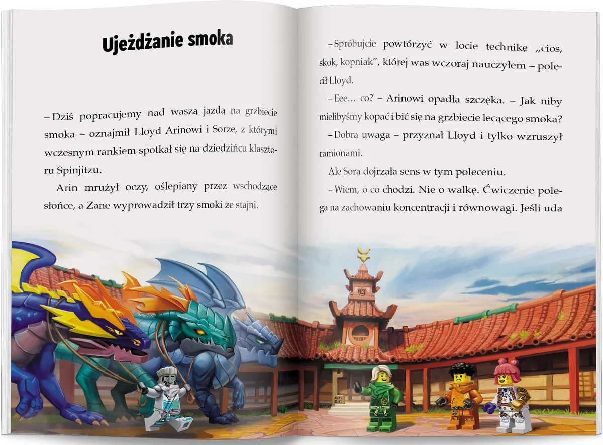 Ilustracja przedstawia postacie i smoki. Na pierwszym planie: smoki i postacie. Tło: budynek z czerwonymi dachami.