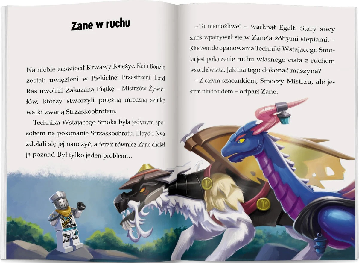 Ilustracja z książki przedstawia Zane'a, figurkę Lego, stojącego naprzeciw smoka. Tekst w języku polskim opisuje scenę i postacie.