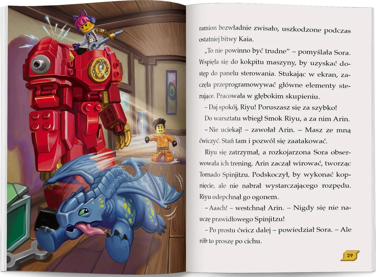 Czerwony mech z postacią na górze, biegnąca postać i niebieski smok. Scena rozgrywa się w pokoju.