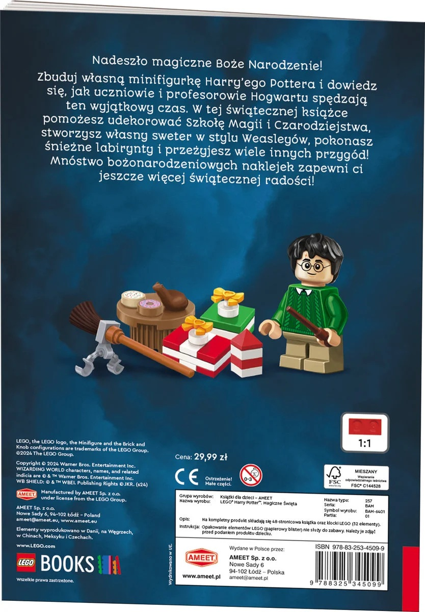 Zestaw Lego Harry Potter. Zawiera figurkę Harry'ego Pottera, prezenty, miotłę i stół. Tło z tekstem.