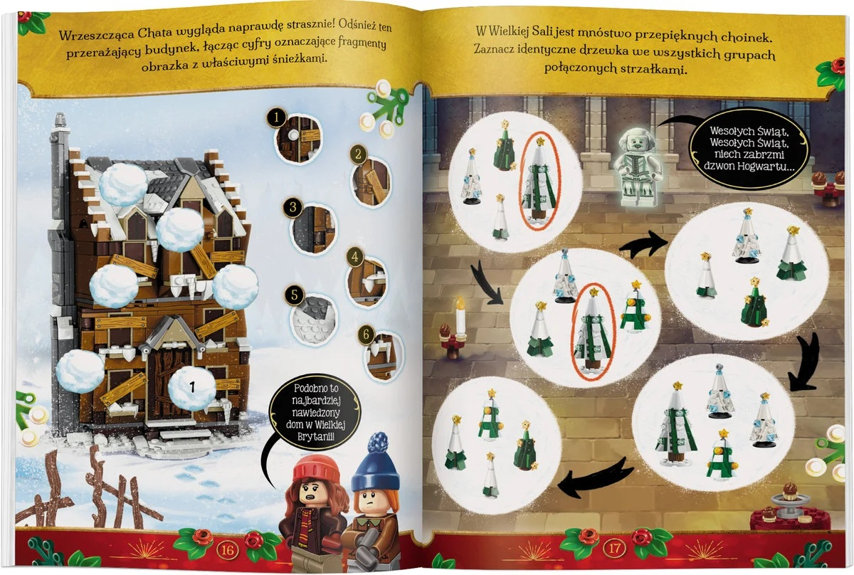 Strona książki z domkiem Lego, śnieżkami i choinkami. Strzałki wskazują identyczne drzewka. Figurki Lego na dole.