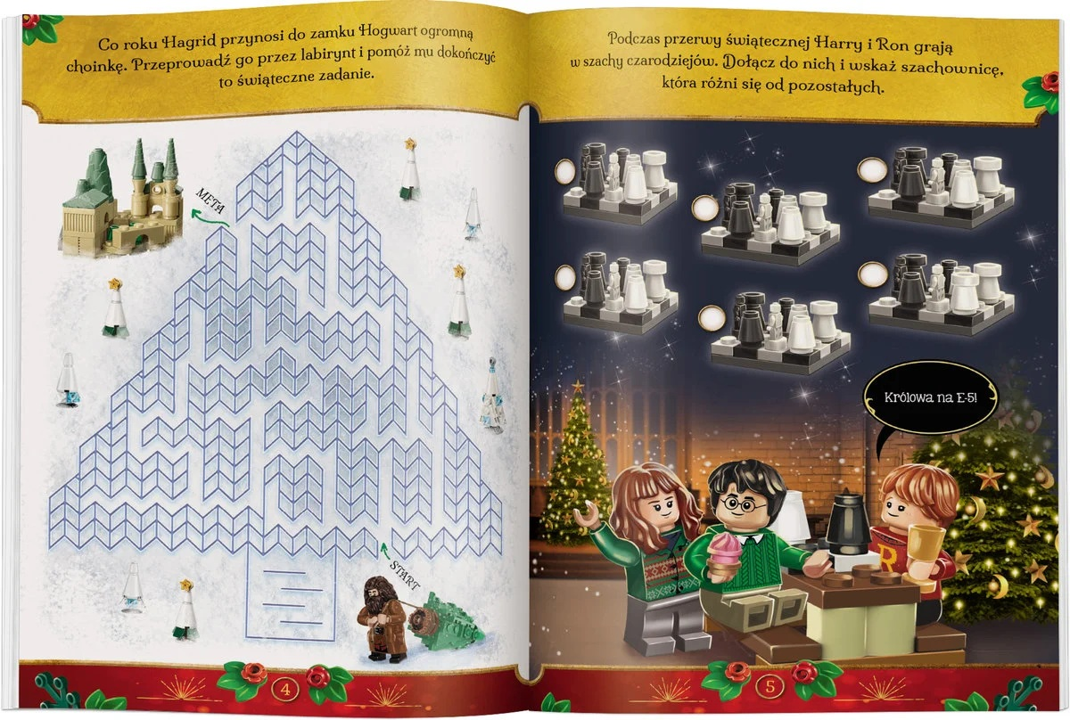 Strona z książki z labiryntem, figurkami LEGO, szachownicami i choinką. Zawiera Harry'ego, Rona i Hermionę.