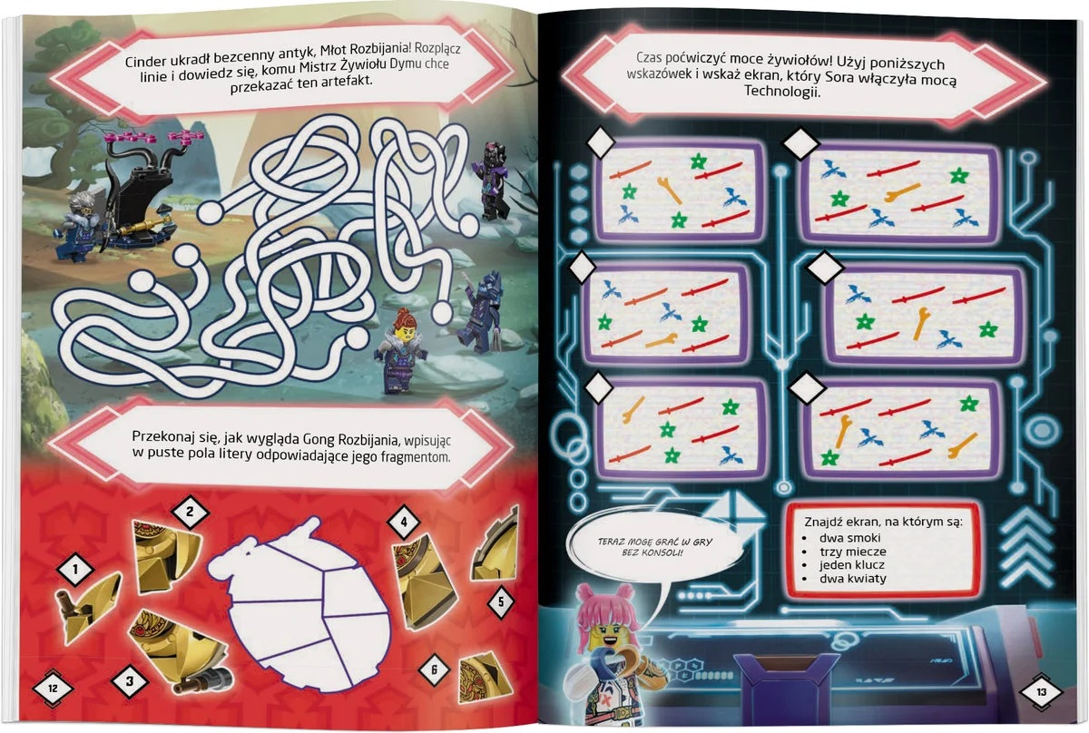 Strona książki dla dzieci z labiryntem, postaciami Lego i instrukcjami. Zawiera zagadki i wskazówki dla czytelnika.