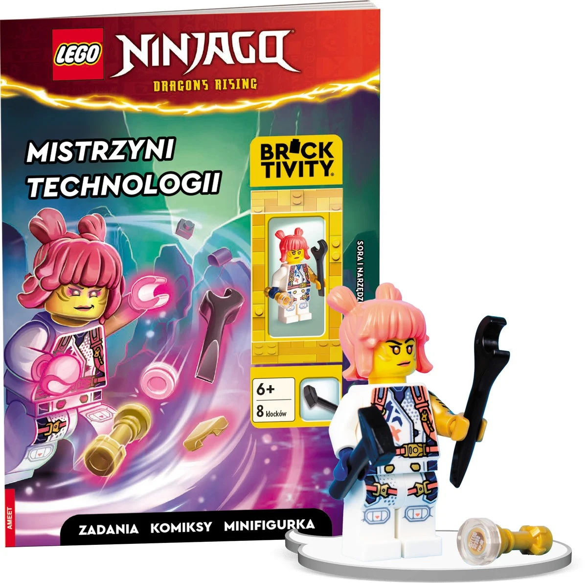 Zestaw Lego Ninjago z minifigurką z różowymi włosami trzymającą narzędzia oraz książką z powiązaną ilustracją.