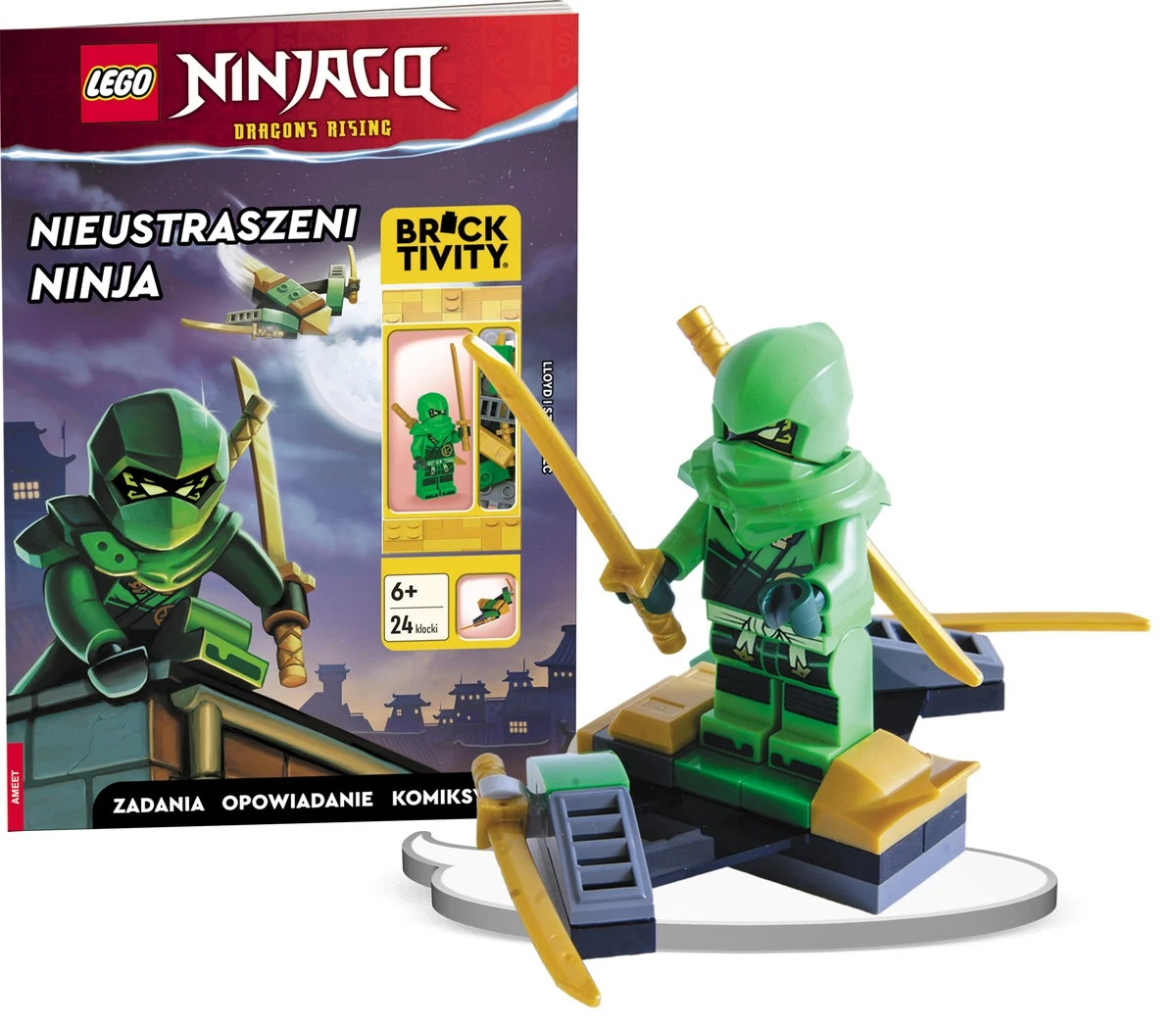 Zestaw Lego Ninjago z zieloną figurką ninja, złotymi mieczami i książką zatytułowaną 'Nieuwstraszni Ninja'.
