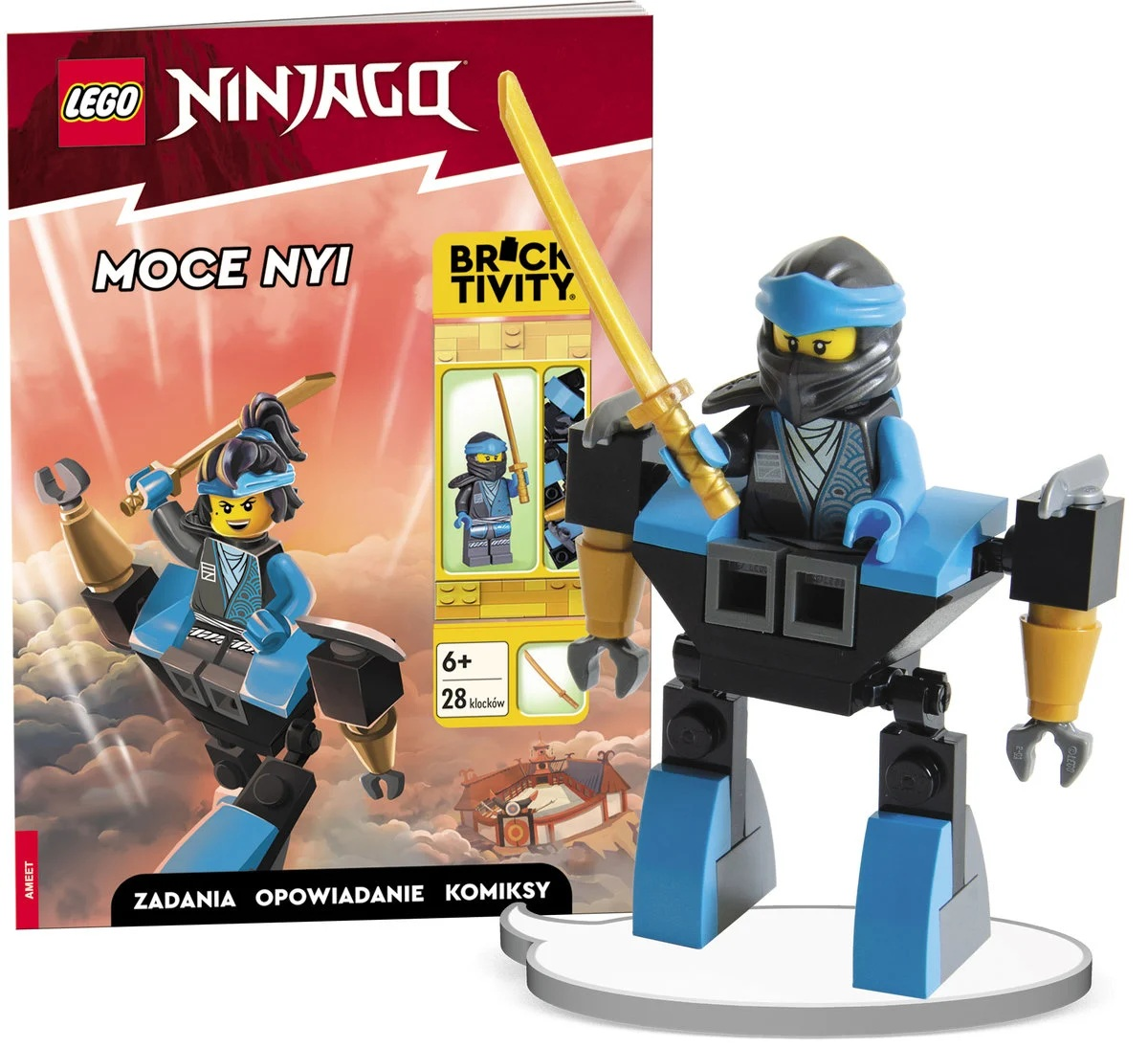Zestaw Lego Ninjago z niebiesko-czarnym robotem i figurką ninja trzymającą złoty miecz. Książka z tym samym robotem po lewej.