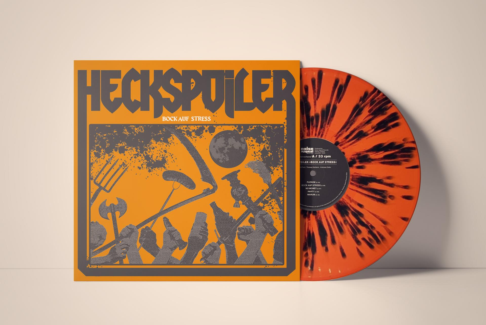 Albumcover: orange, schwarzer Text, graue Illustration von Werkzeugen und Händen. Schallplatte: orange und schwarze Wirbel.