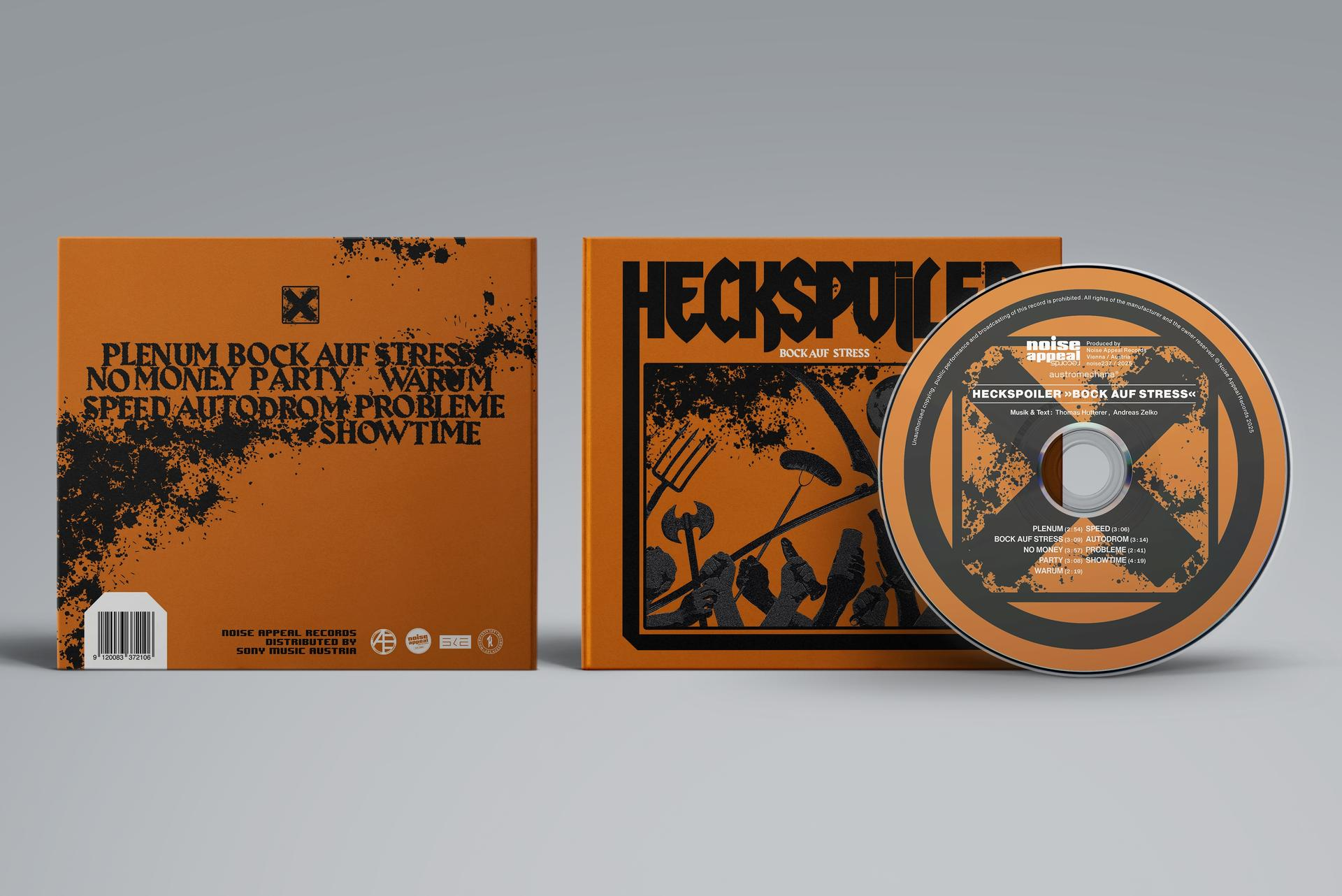 CD und Hülle mit orange-schwarzem Design. Text enthält 'HECKSPOILER', Songtitel und Noise Appeal Records.
