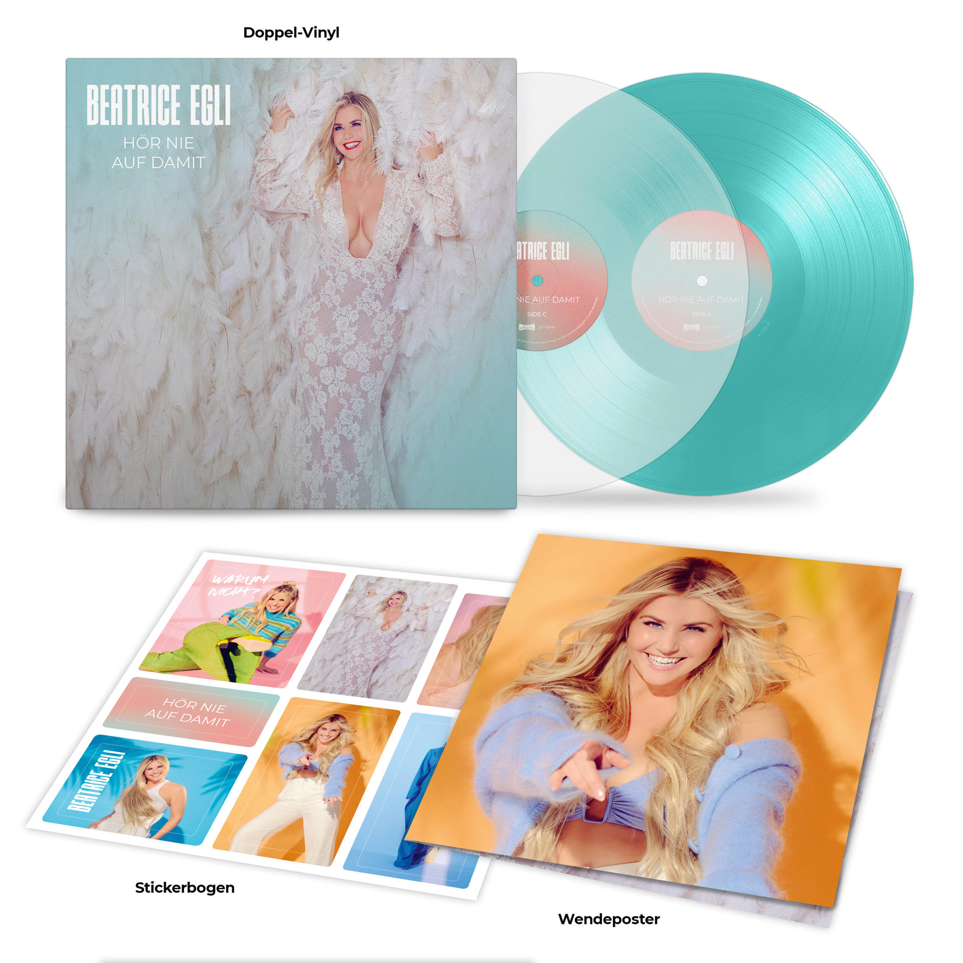 Albumcover: Beatrice Egli in weißem Kleid, Titel 'Hör Nie Auf Damit'. Vinylplatten und Stickerbogen sichtbar.