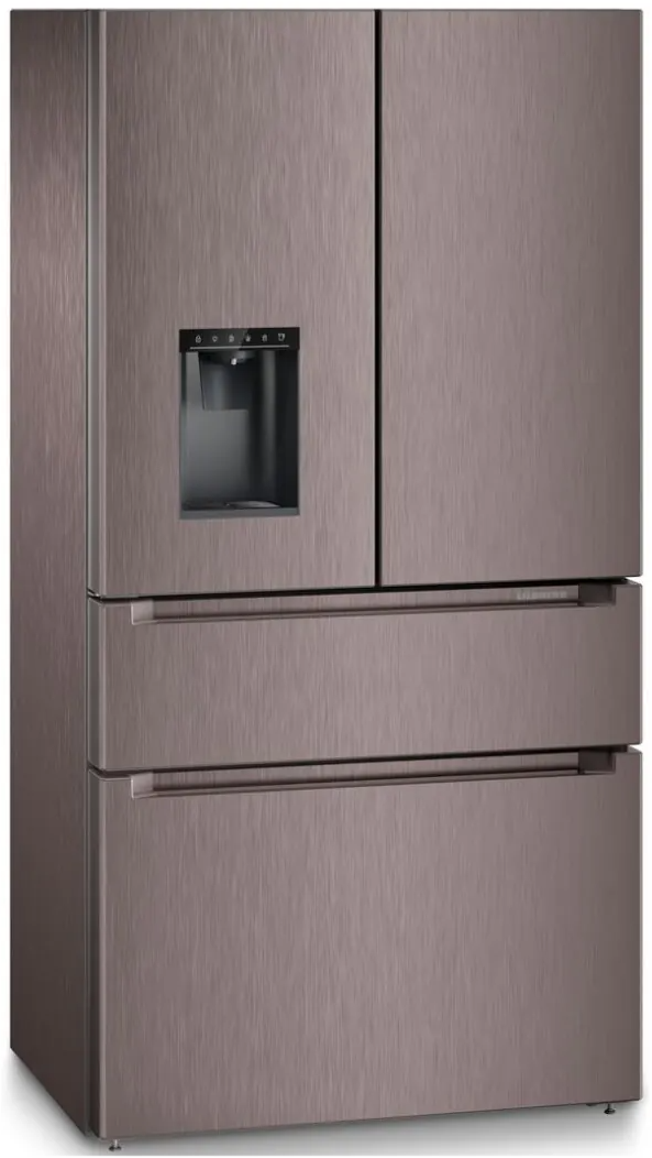 Ein Kühlschrank aus Edelstahl mit Wasserspender und zwei unteren Schubladen. Er hat eine gebürstete Metalloberfläche.