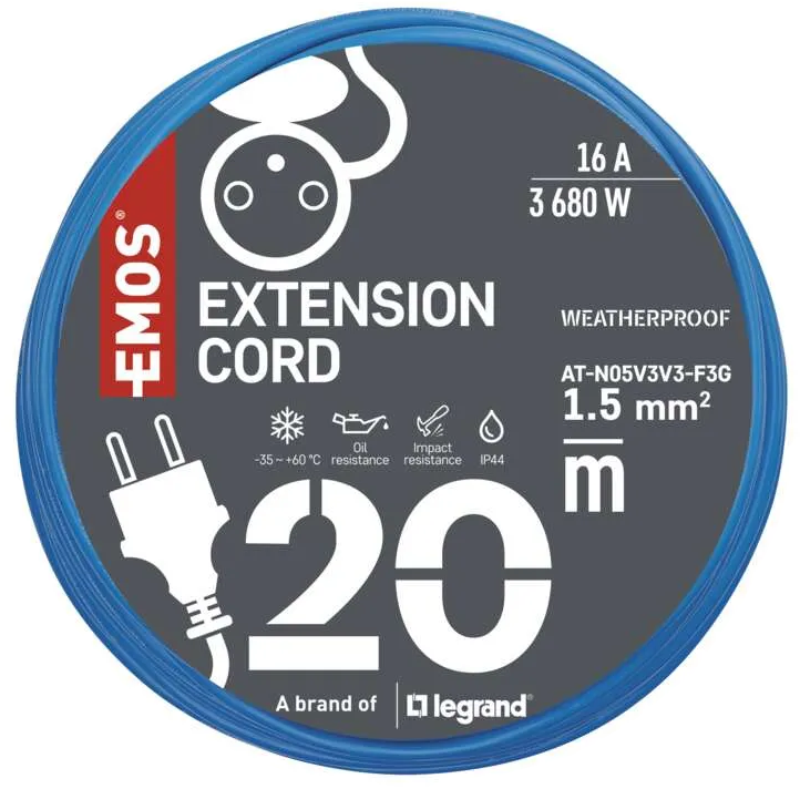 Egy kör alakú hosszabbítókábel címkéje. Szöveget és szimbólumokat tartalmaz, amelyek a specifikációkat és a funkciókat jelzik, beleértve az 'EXTENSION CORD' és a '20' szavakat.