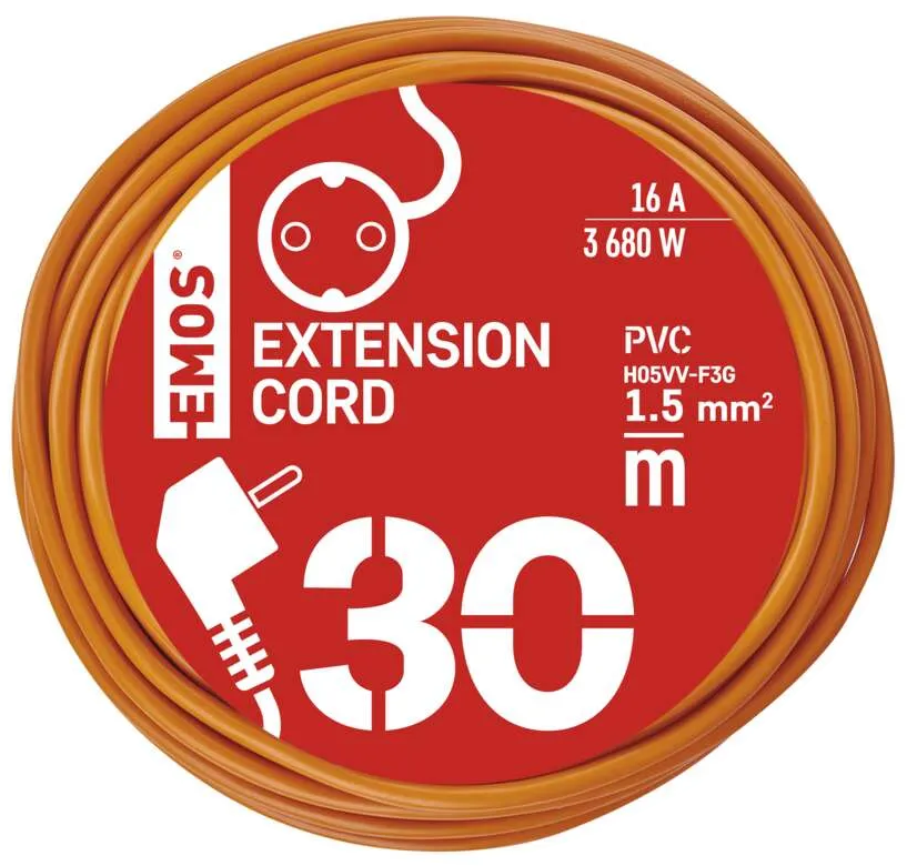 Egy narancssárga hosszabbítókábel egy piros címke köré tekerve. A címke a 'EXTENSION CORD' feliratot, valamint a feszültséggel és a hosszal kapcsolatos adatokat tartalmazza.