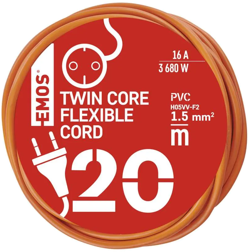 Egy narancssárga elektromos kábel piros címkével. A címke a 'TWIN CORE FLEXIBLE CORD' feliratot tartalmazza műszaki adatokkal.