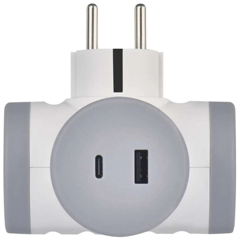 Fehér-szürke hálózati adapter két csatlakozóval és három aljzattal, USB és USB-C portokkal.