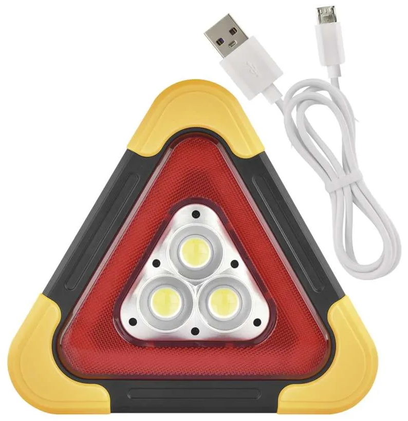 Háromszög alakú LED-es vészvilágítás piros középpel, sárga szegéllyel, fehér USB töltőkábellel.
