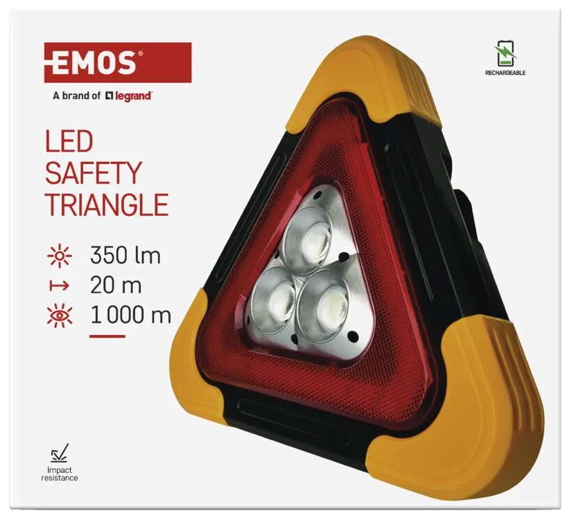 LED-es biztonsági háromszög sárga és fekete szegéllyel. Három lámpával rendelkezik, 350 lm, 20 m és 1000 m láthatósággal. 'EMOS' márkanév.
