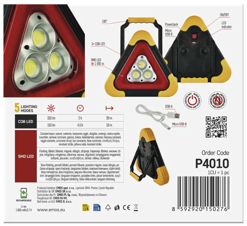 Piros-sárga figyelmeztető lámpa fogantyúval, LED-es lámpákkal és USB-porttal. Szöveg és QR-kód látható.
