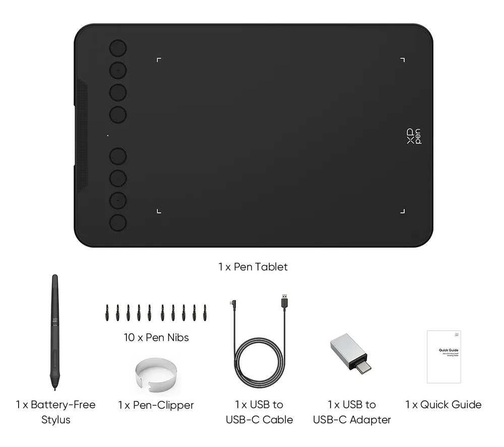 Fekete grafikus tábla, tollal, tollhegyekkel, USB kábellel, adapterrel, tollcsipesszel és egy gyors útmutatóval.