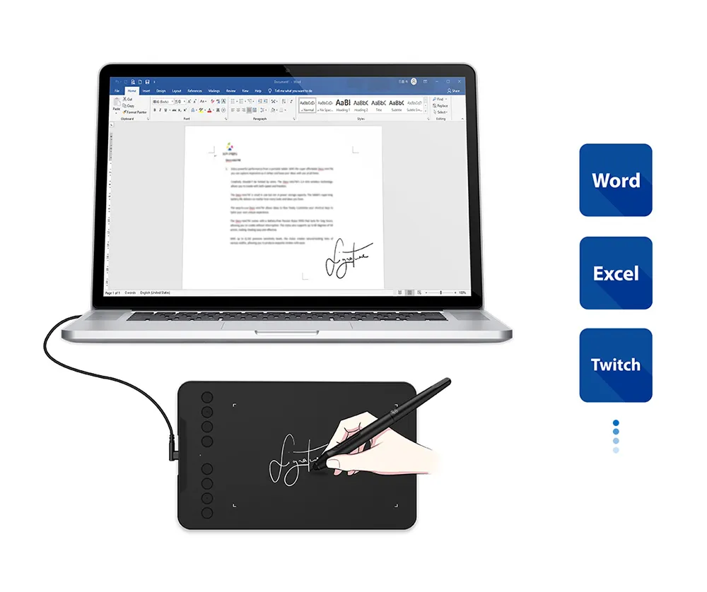 A laptop Word dokumentumot jelenít meg aláírással. Fekete rajztábla és toll csatlakoztatva, 3 alkalmazás ikon látható.