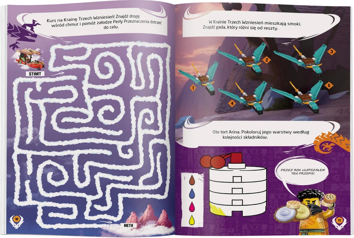 Strona książki dla dzieci z labiryntem, smokami i ciastem. Tekst po polsku. Instrukcje i ilustracje są dostarczone.