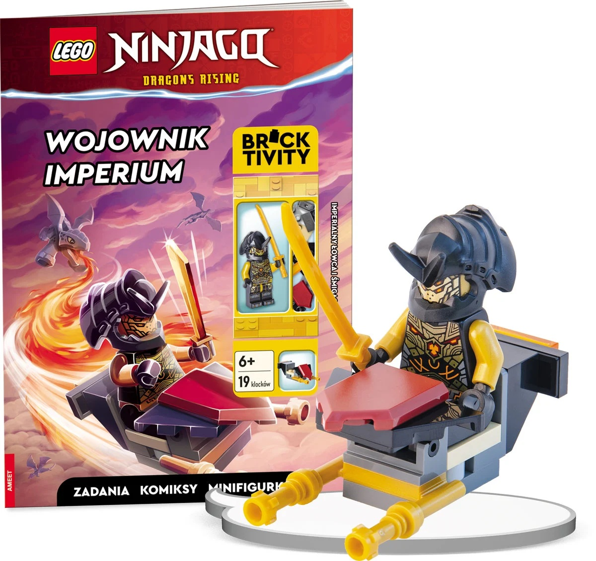 Zestaw Lego Ninjago przedstawiający figurkę wojownika z hełmem i mieczem, z książką pt. 'Wojownik Imperium' po polsku.