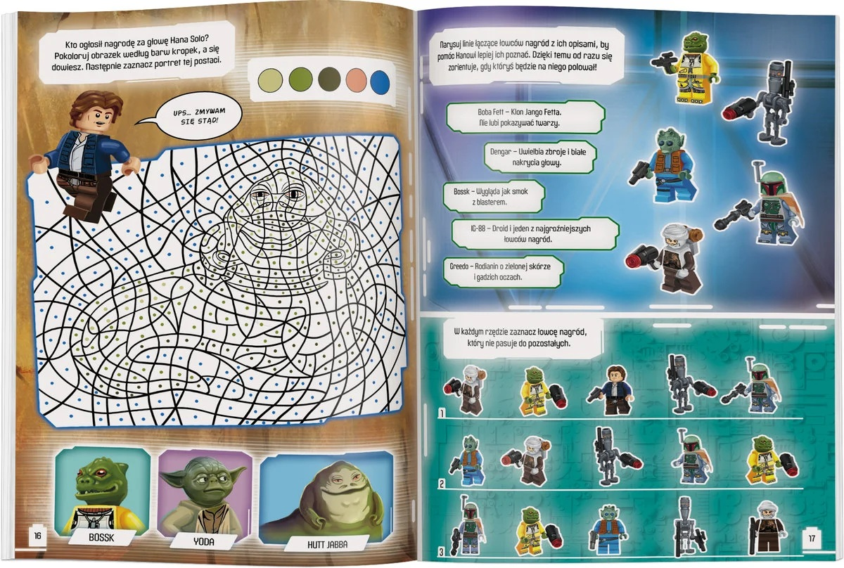 Rozkładówka z książki z zadaniami Star Wars. Zawiera kolorowanie po numerach, wizerunki postaci i opisy łowców nagród.