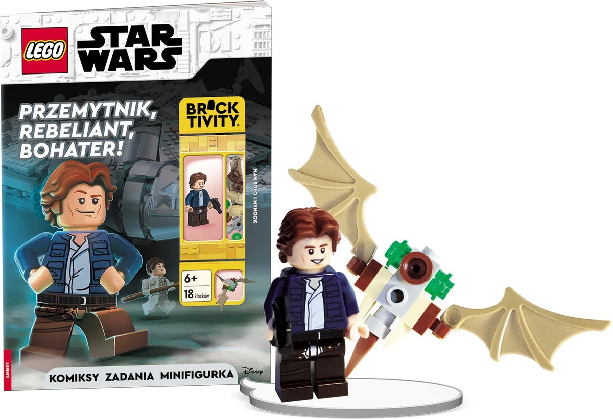 Zestaw Lego Star Wars z minifigurką Hana Solo, książką i Mynockiem. Książka mówi: 'Przemytnik, buntownik, bohater!'. Zestaw ma skrzydła.
