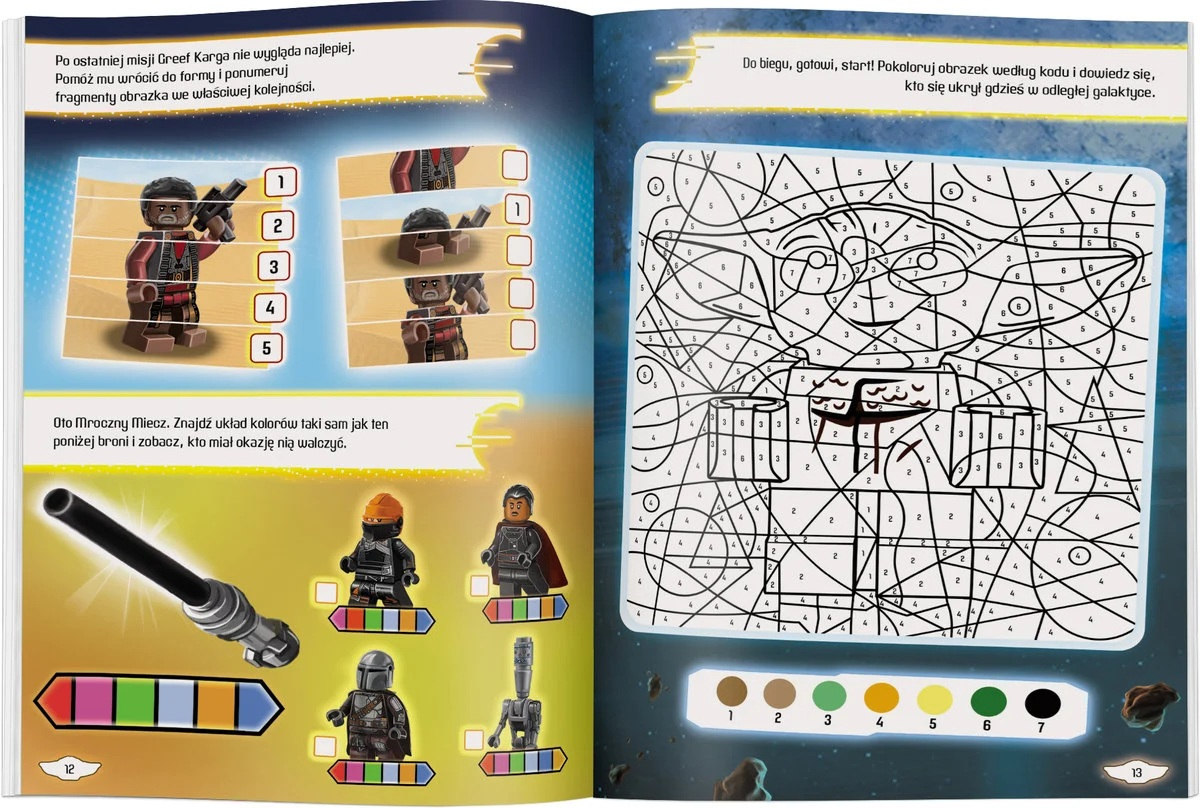 Strona książki z figurkami Lego, obrazkiem do kolorowania postaci i instrukcjami.
