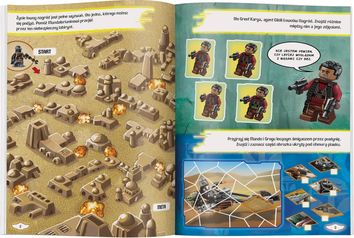 Strona książki pokazuje labirynt Lego z postacią Mandalorianina i Greef Kargą. Prawa strona zawiera figurki Greef Karga i układankę.
