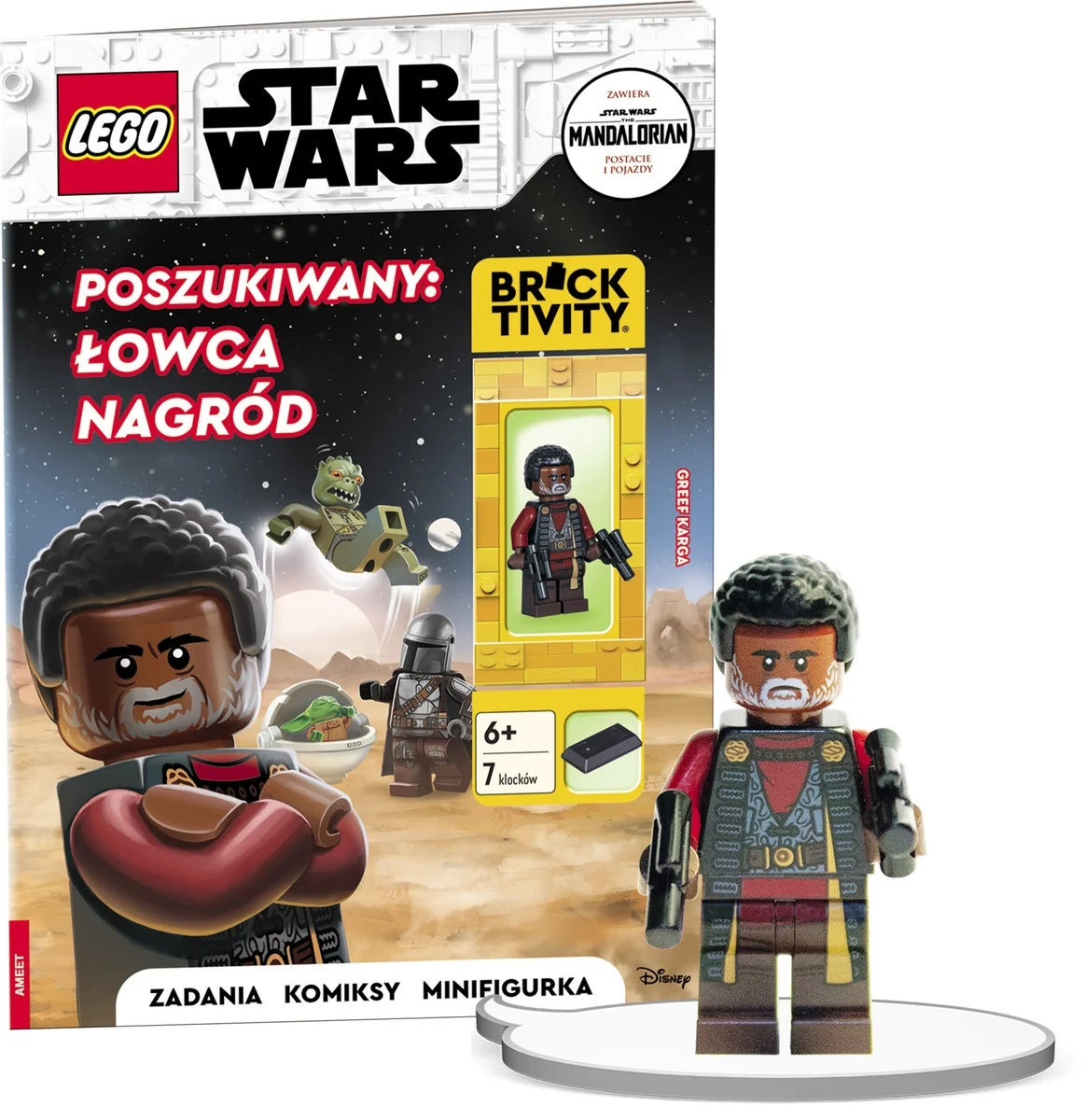 Okładka książki Lego Star Wars z minifigurką Greef Karga i ilustracjami postaci oraz komiksem.