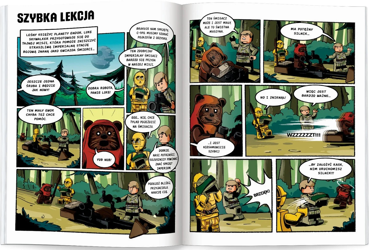 Komiks z postaciami z Lego Star Wars. Luke Skywalker i Ewoki przygotowują się do misji. C-3PO jest obecny.