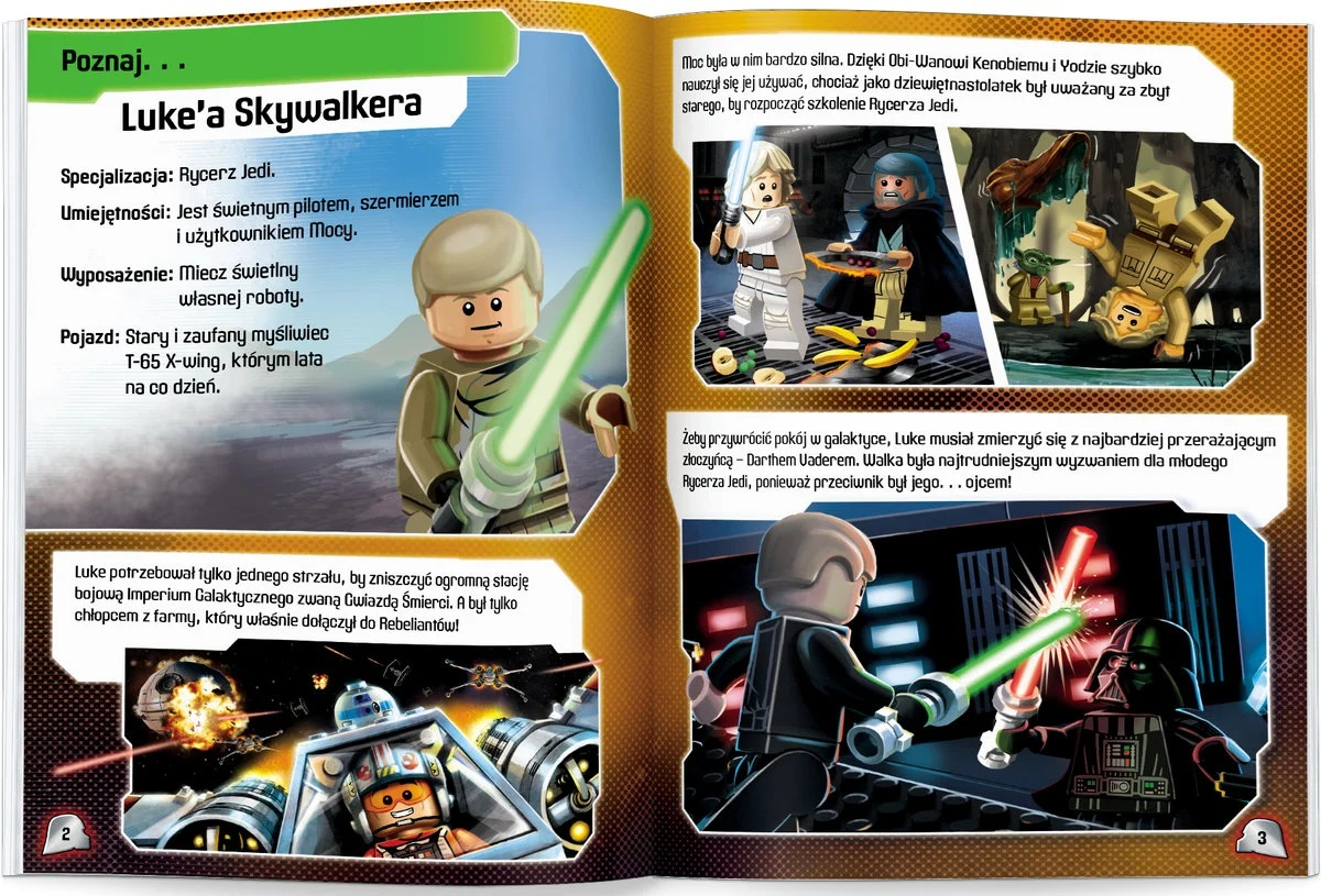 Lego Luke Skywalker z mieczem świetlnym, Lego Yoda i Darth Vader. Polski tekst o Gwiezdnych Wojnach i podróży Luke'a.