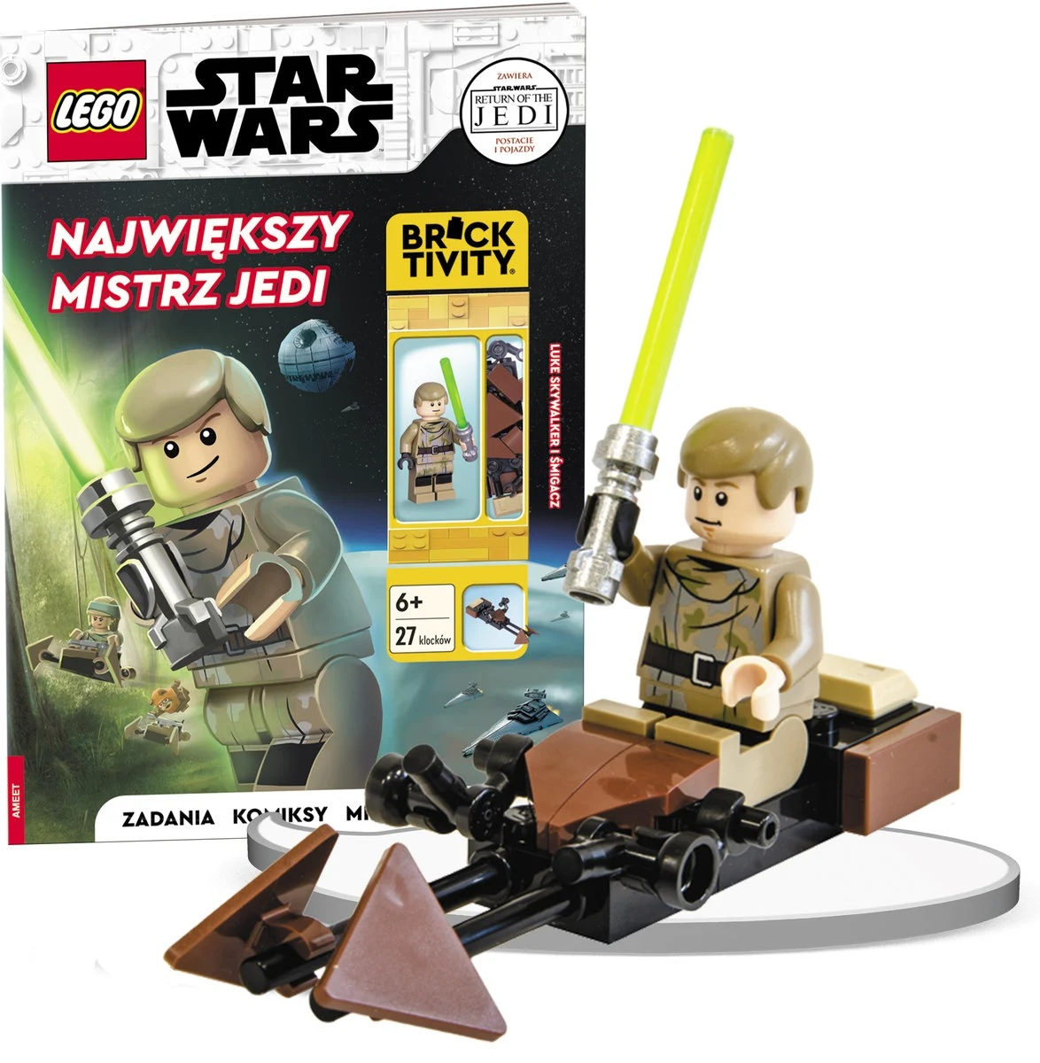 Zestaw Lego Star Wars. Minifigurka Luke'a Skywalkera z mieczem świetlnym na śmigaczu. Okładka książki z Lukiem i zielonym mieczem świetlnym.