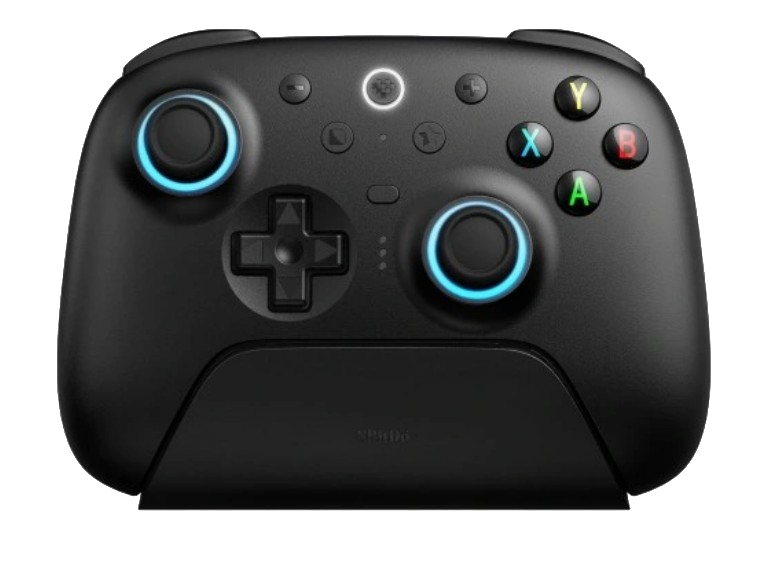 Czarny kontroler do gier z przyciskami, joystickami i podstawą. Joysticki mają niebieskie pierścienie świetlne.