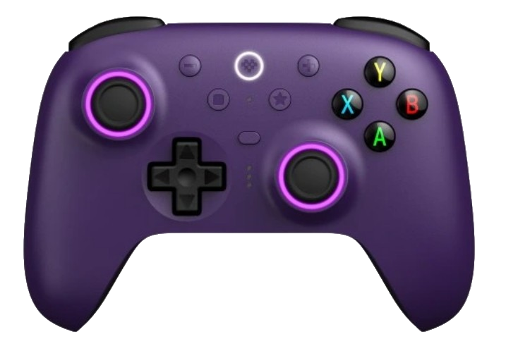 Fioletowy kontroler do gier z czarnymi przyciskami, świecącymi na różowo pierścieniami wokół joysticków i kolorowymi przyciskami akcji.