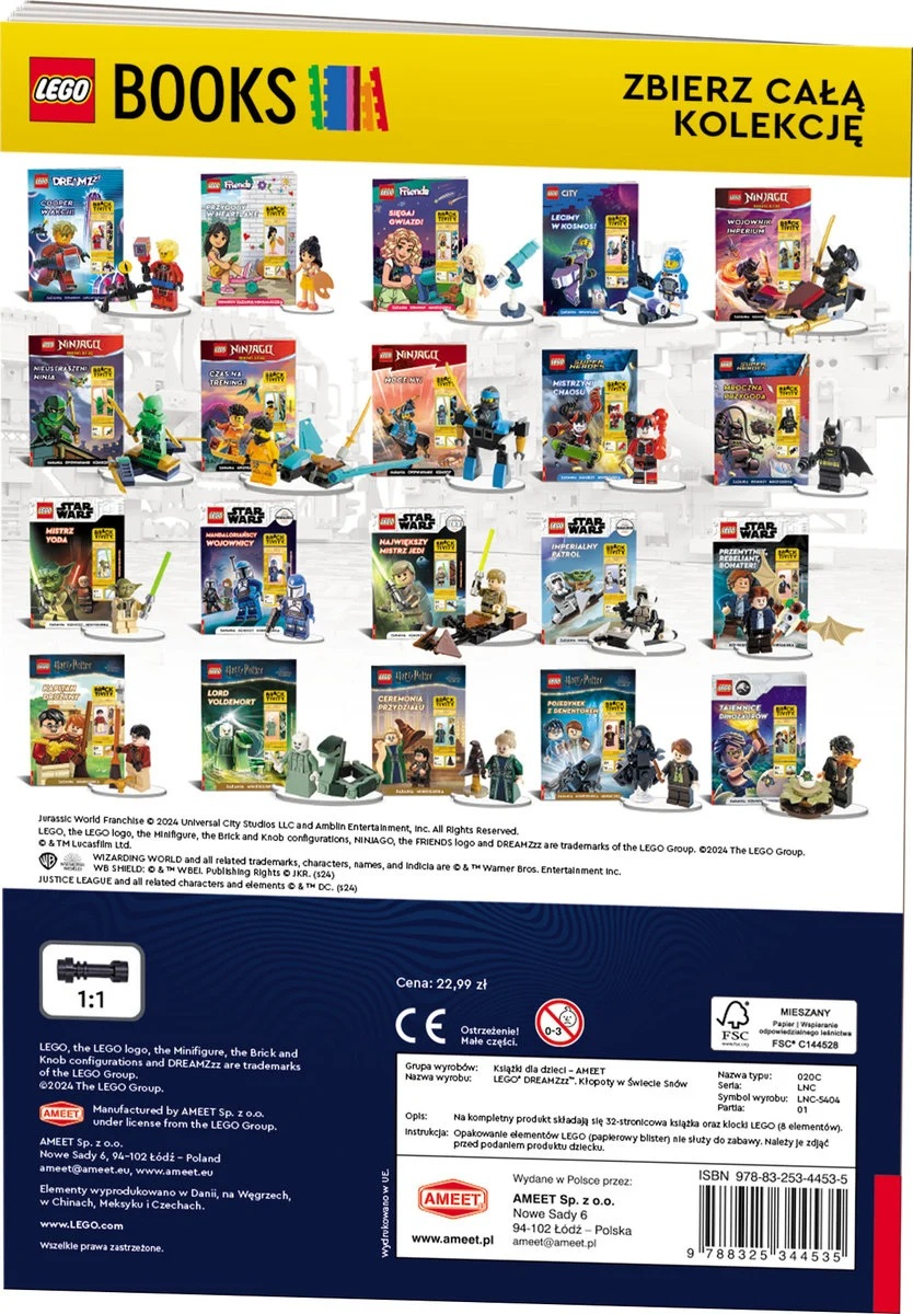 Ekspozycja książek LEGO z różnymi motywami, takimi jak Ninjago, Star Wars i Friends, prezentująca minifigurki.