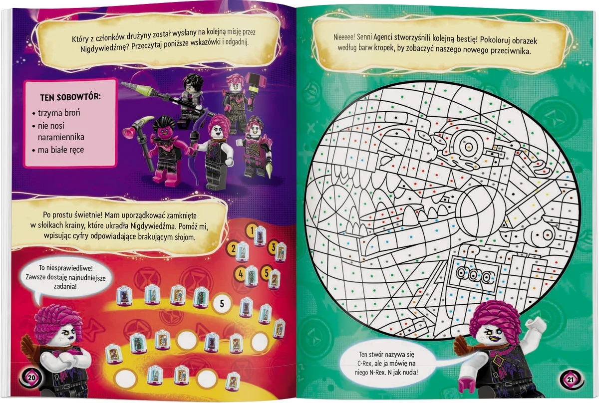 Otwarta książka z postaciami Lego i obrazkiem do kolorowania po numerach. Dymki opisują zadania i nową postać o imieniu C-Rex.