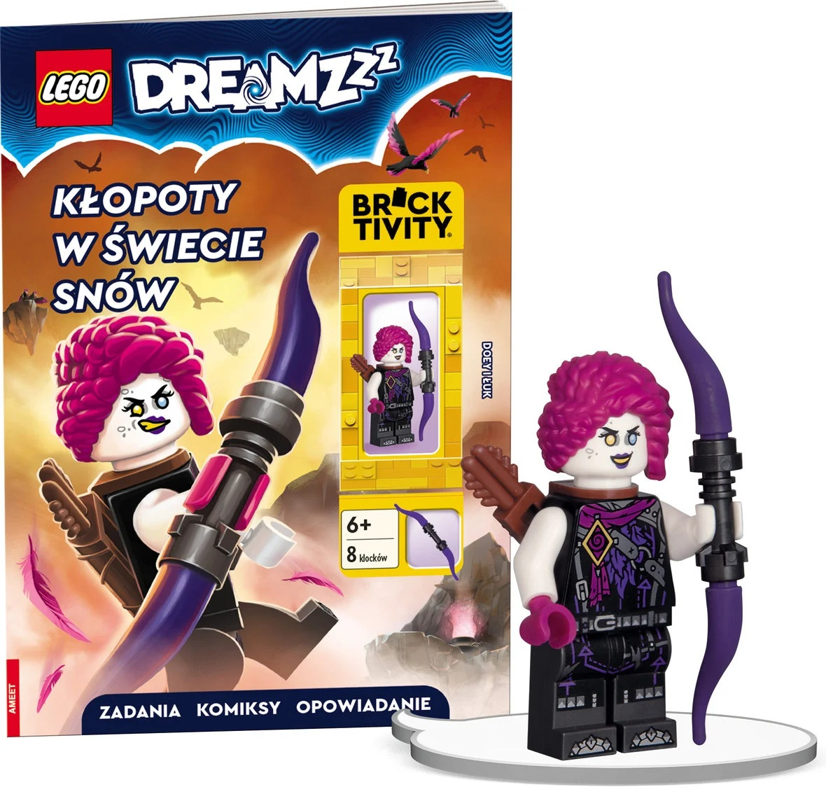 Zestaw Lego Dreamzzz z minifigurką trzymającą fioletowy łuk. Zawiera komiks z tą samą postacią i tekstem w języku polskim.