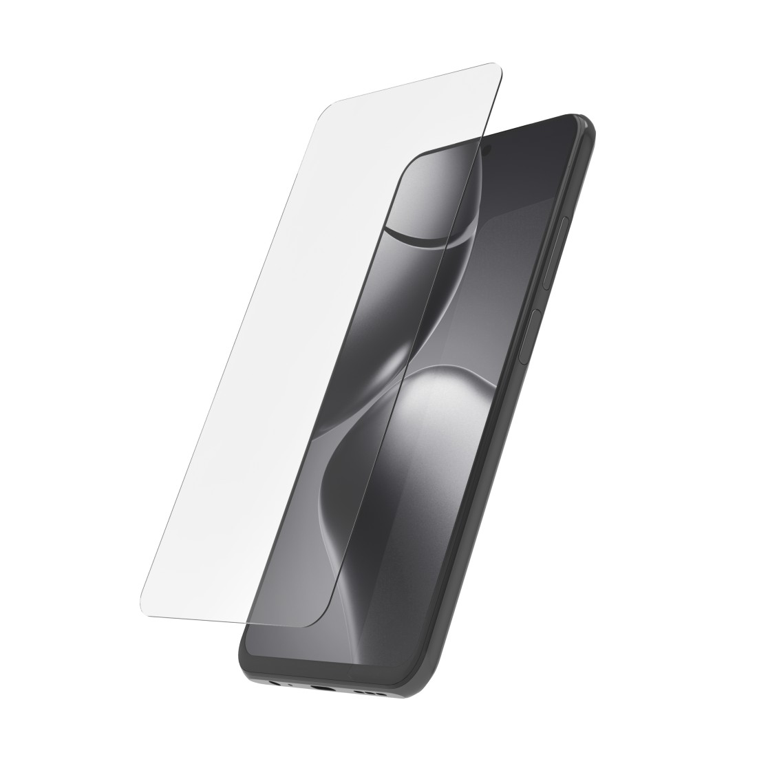 Ein Smartphone mit Displayschutzfolie. Das Telefon ist schwarz, der Schutz ist transparent, beides vor weißem Hintergrund.