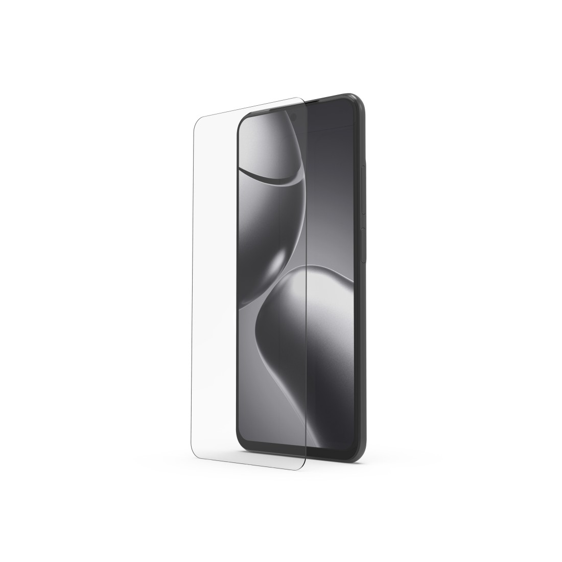 Ein Smartphone mit Displayschutzfolie. Das Telefon ist schwarz, der Bildschirm zeigt einen grauen Farbverlauf. Der Schutz ist transparent.