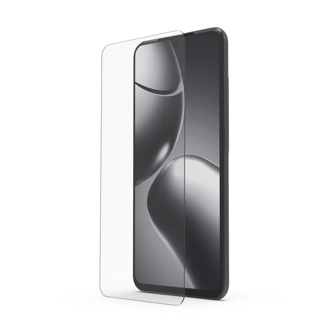 Ein Smartphone mit Displayschutzfolie. Das Telefon ist schwarz und zeigt ein verschwommenes Design. Der Schutz ist klar.