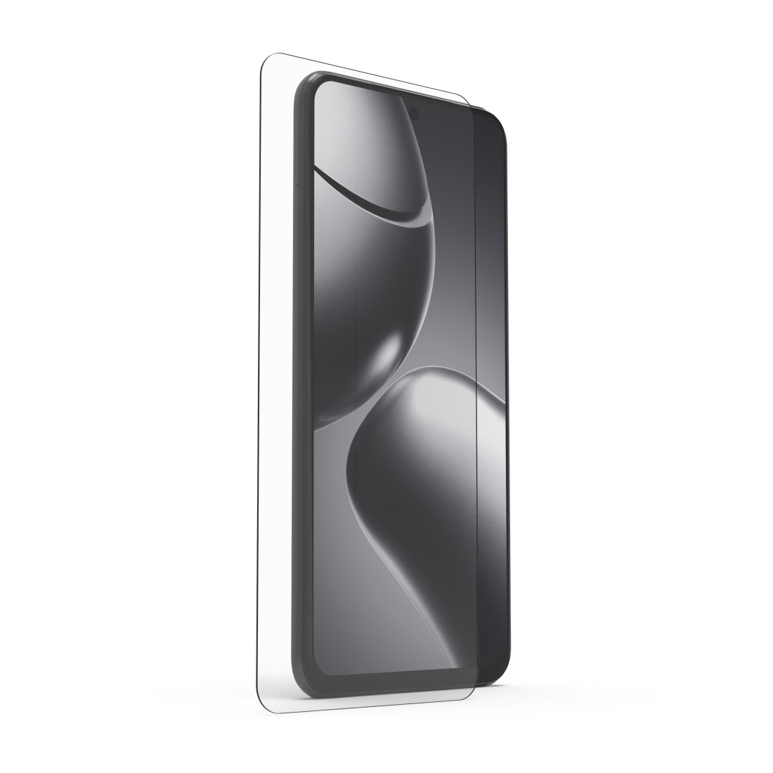Ein Smartphone mit Displayschutzfolie. Das Telefon ist schwarz mit einem reflektierenden Bildschirm, der abstrakte Formen zeigt. Eine klare Schutzfolie ist darauf.
