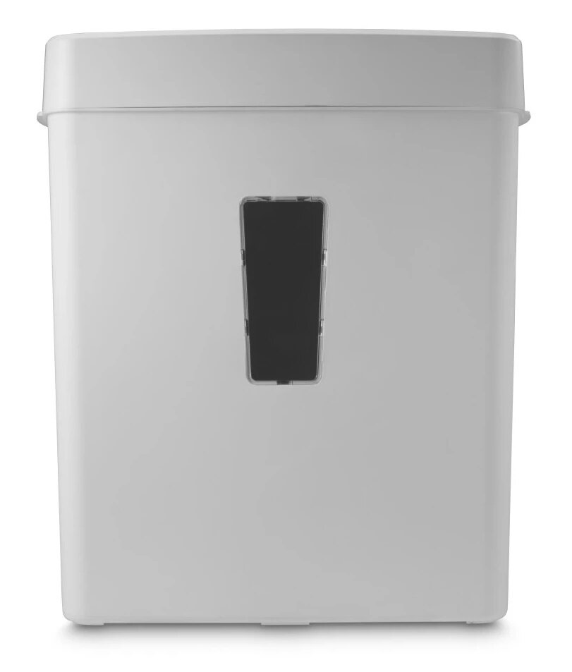 Biała niszczarka do papieru z czarnym oknem. Niszczarka ma kształt prostokąta i jest umieszczona na białej powierzchni.