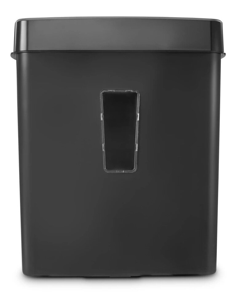 Czarna niszczarka do papieru z przezroczystym oknem. Góra i korpus są czarne. Okno jest prostokątne.