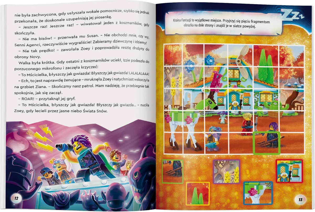 Otwarta książka z postaciami Lego i siatką scen Lego. Tekst po polsku. Kolorowe ilustracje i tekst na stronach.