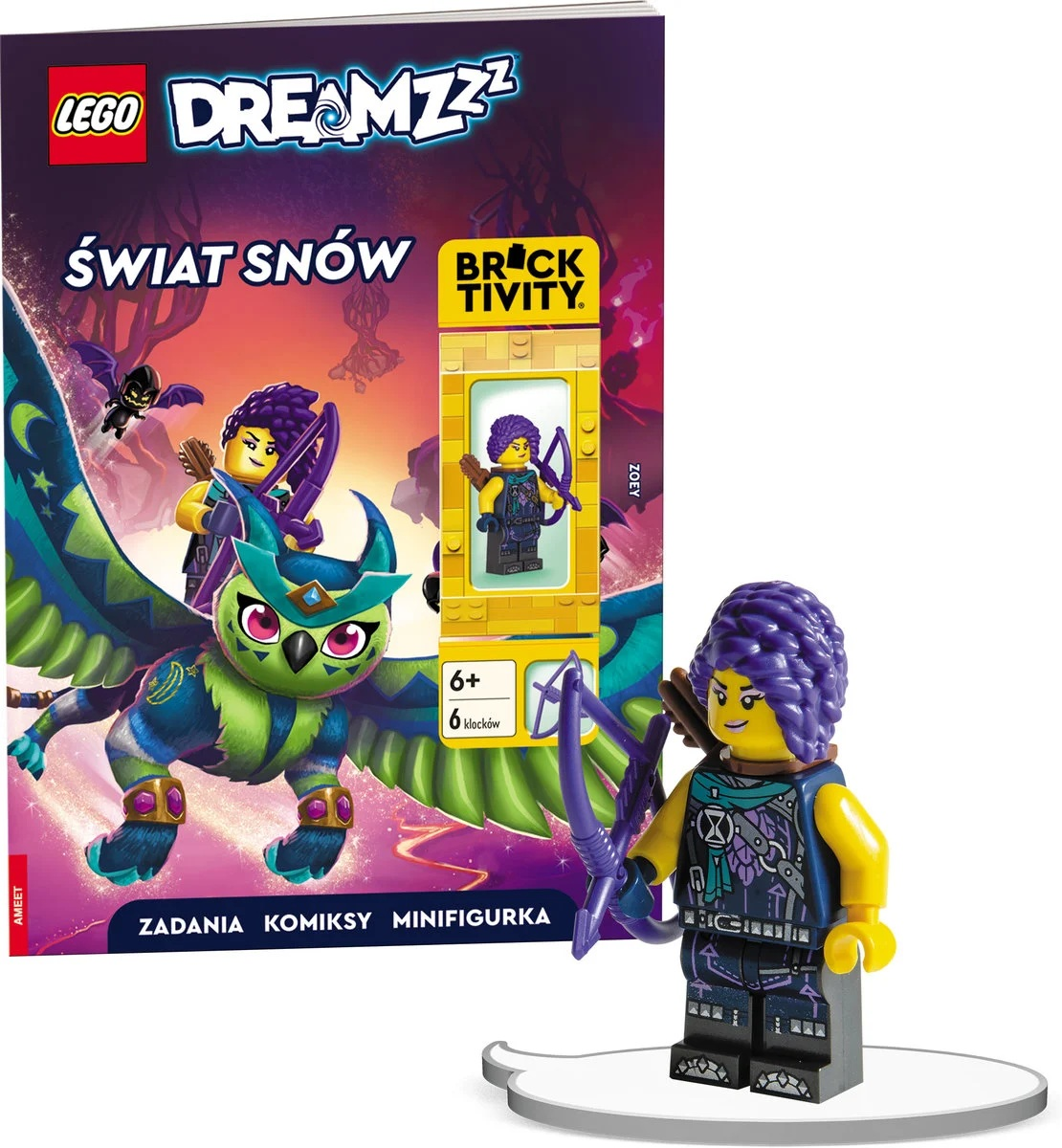 Zestaw Lego Dreamzzz z książką i minifigurką Zoey trzymającej łuk. Tło to fantastyczna scena.