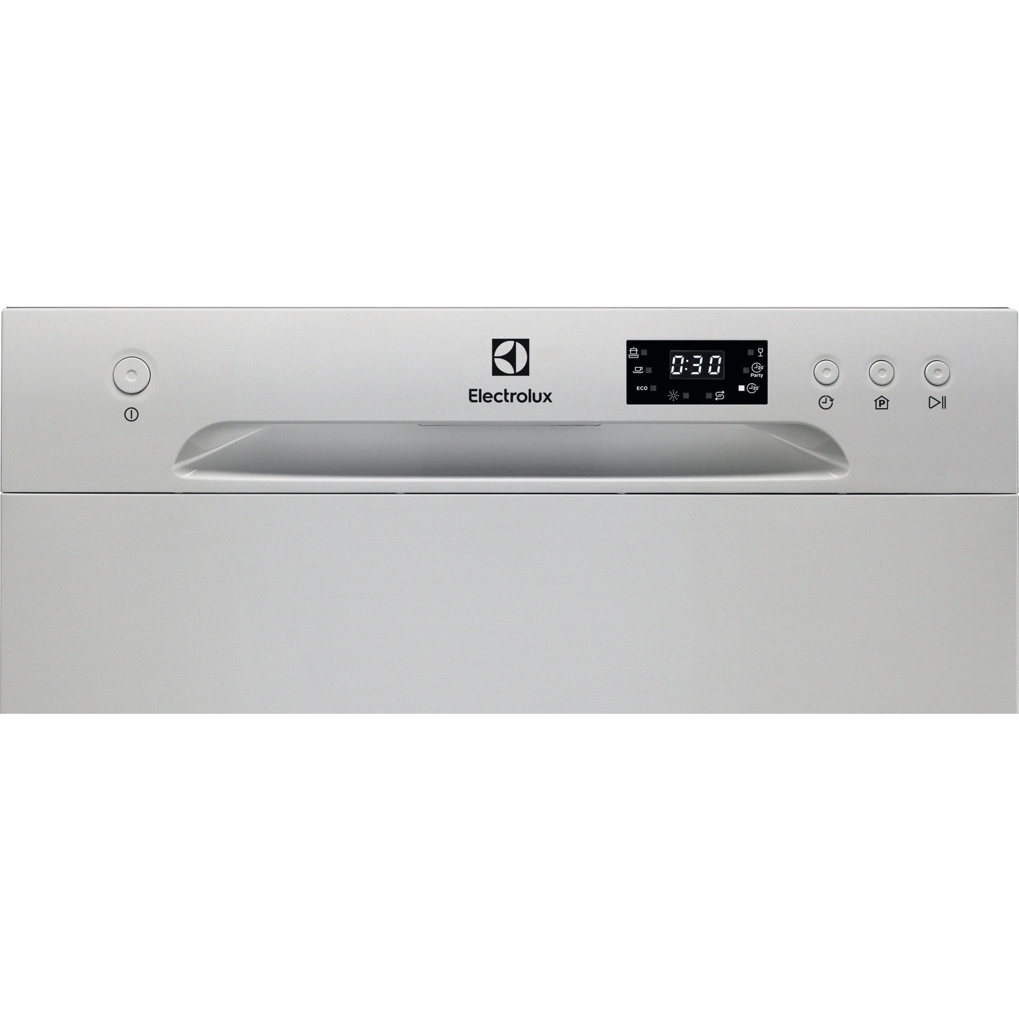 Gümüş renkli bir Electrolux bulaşık makinesi. 0:30 gösteren bir ekranı var. Birkaç düğme ve bir kulpu var.