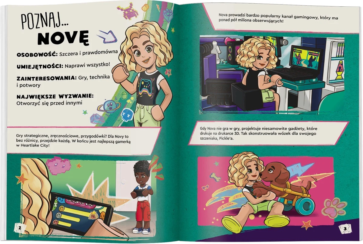 Strona komiksu z ilustracjami dziewczyny i chłopca grających w gry. Tekst opisuje Novę, jej zainteresowania i umiejętności.