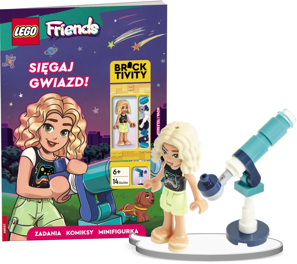 Zestaw Lego Friends z książką, minifigurką i teleskopem. Okładka książki przedstawia dziewczynę patrzącą przez teleskop.