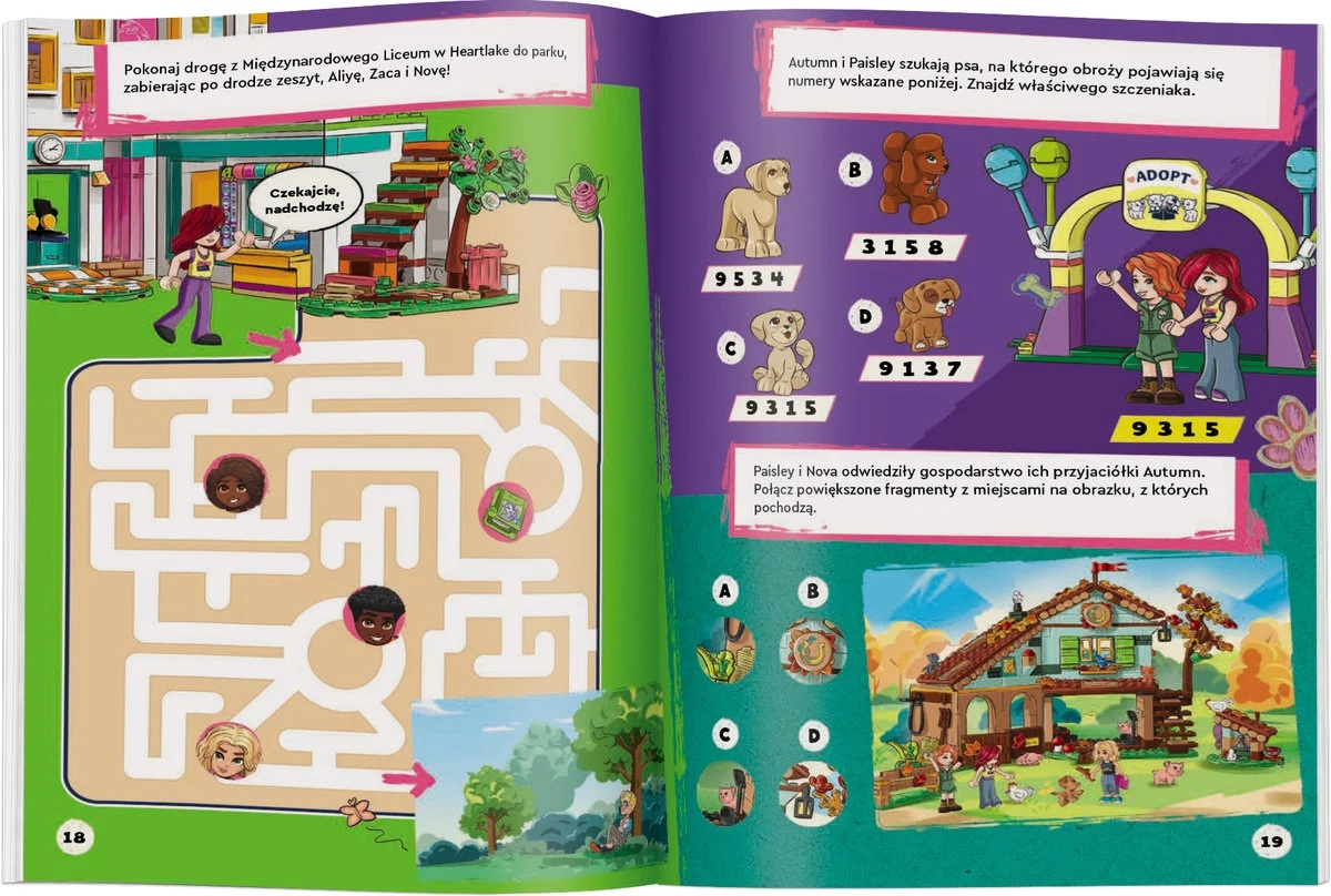 Kolorowa strona z książki dla dzieci z labiryntem, psami, dziewczynami i domem. Widoczny jest również tekst po polsku.